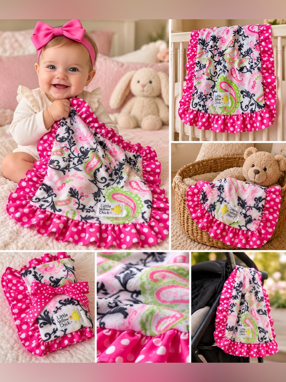 Little Yellow Chick Security Blanket with security loop Paisley Ruffle 17x17